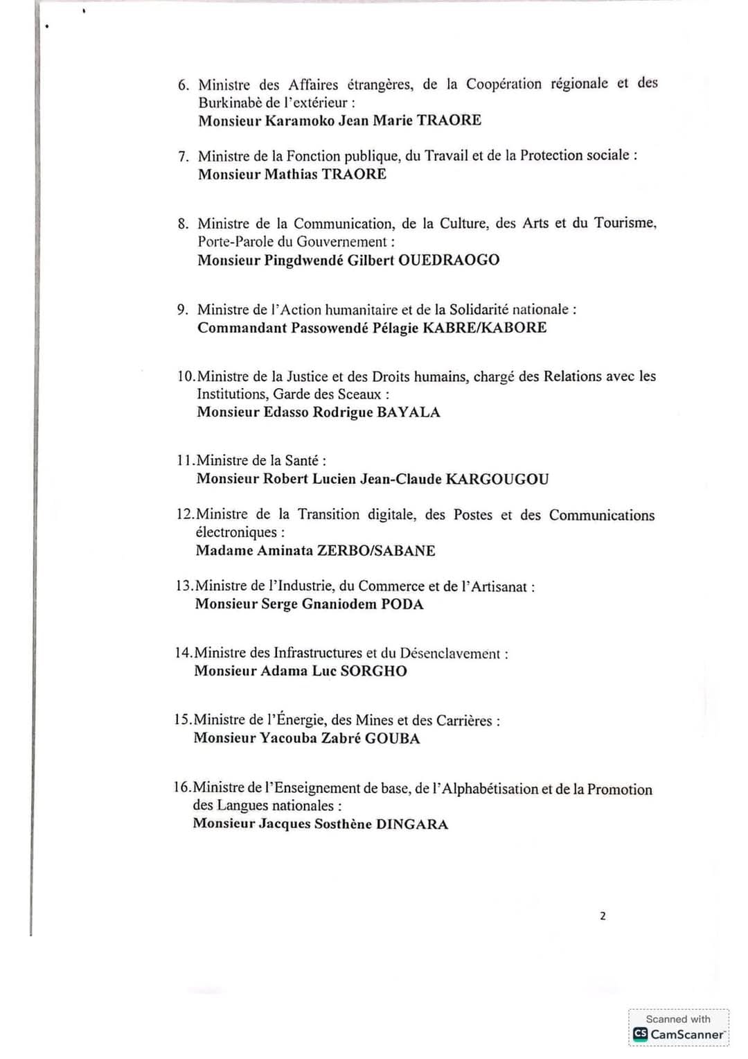 Décret portant composition du Gouvernement du Burkina Faso du 8 décembre 2024 voici la liste